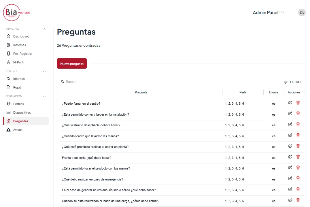 Management of the access questionnaire questions by profile and language