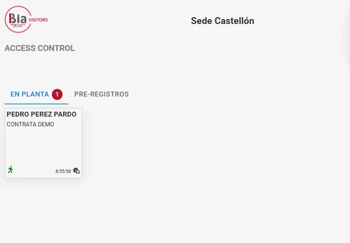 Access control panel: people on site and pre-registrations
