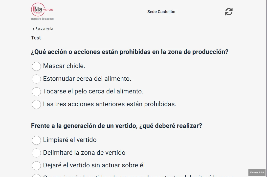 Access questionnaire answered by the visitor before entering