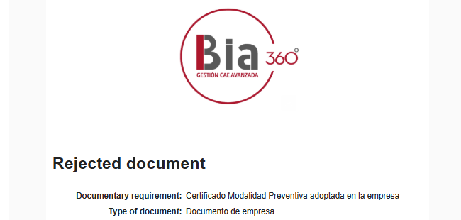 Email de documento rechazado enviado por Bia360