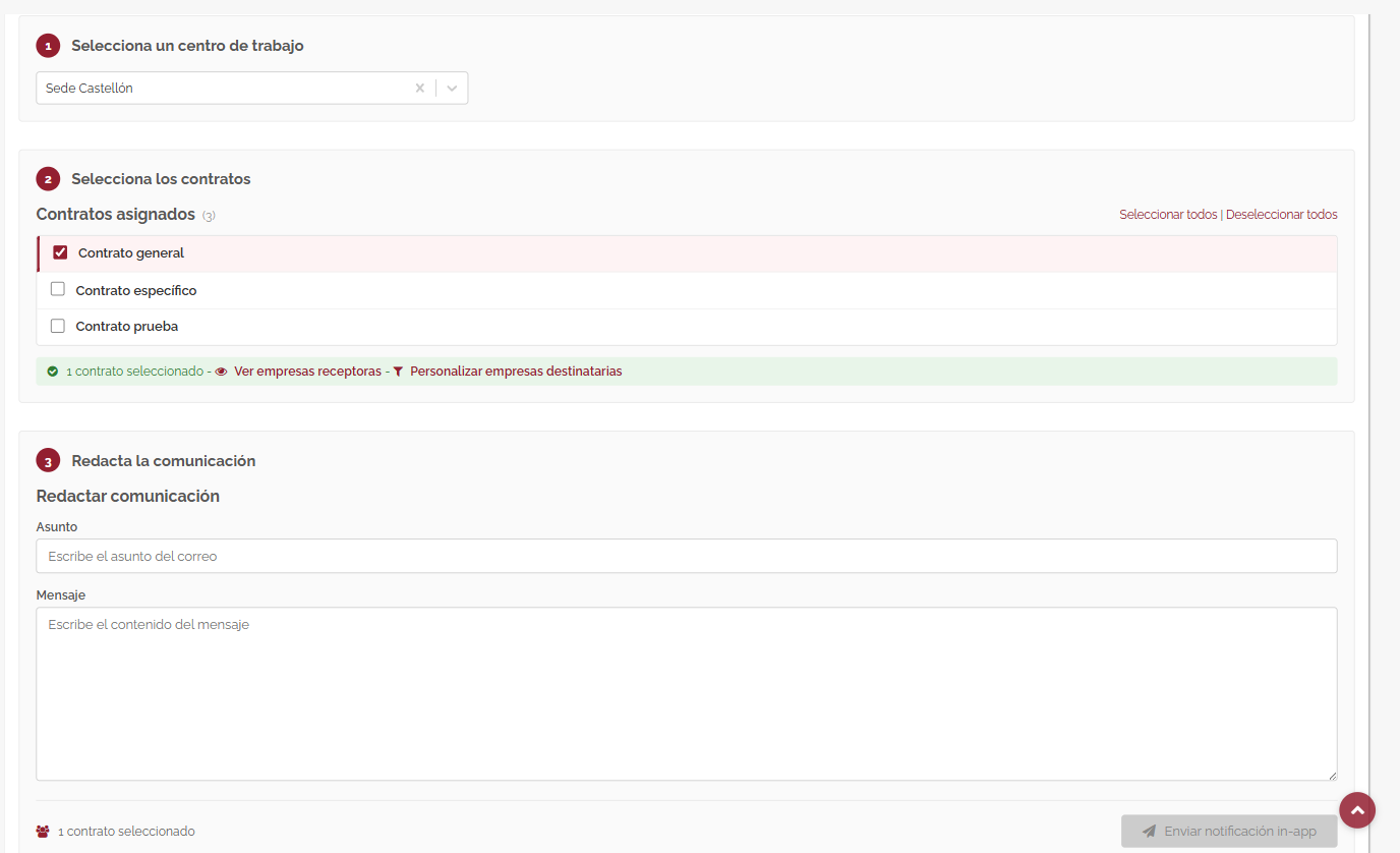 Envío de una notificación in-app: selección de centro, contratos y redacción del comunicado